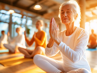 People practicing gentle fitness classes like yoga in a tranquil setting, focusing on self-care and mental health