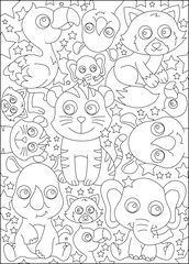 animal doodle kawaii coloring book page