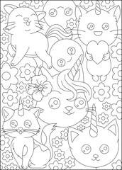 cat doodle kawaii coloring book page