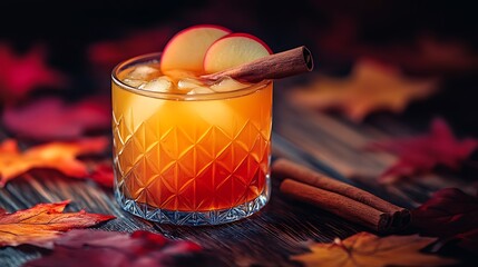 A vibrant glass of autumn harvest cocktail with apple cider and bourbon, garnished with a cinnamon stick and apple slices, surrounded by autumn leaves and cinnamon sticks on a rustic wooden table,