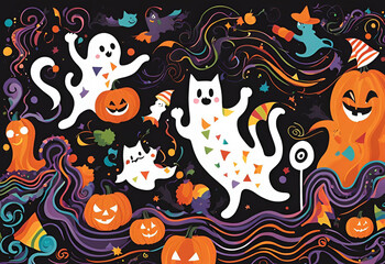 Fototapeta premium A lively Halloween scene with multicolored zigzag lines and swirls framing cheerful ghosts candy and playful black cats set against a dark backdrop