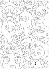 halloween doodle kawaii coloring book page
