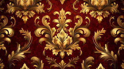 Golden damask pattern on a deep red velvet background.