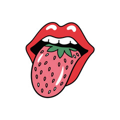 A vector illustration of a pair of red lips with a tongue design out and enjoying a design in the shape of a strawberry