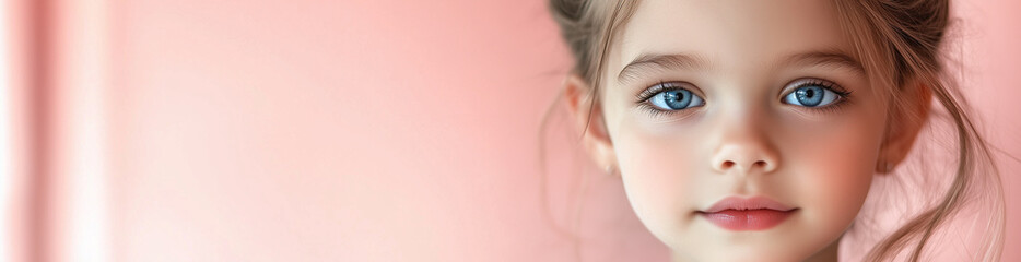 Obraz premium the face of an adorable 4-5-year-old girl placed on the right side, set against a light pink background. Ideal for children's products, events, services promo with a focus on cuteness and innocence