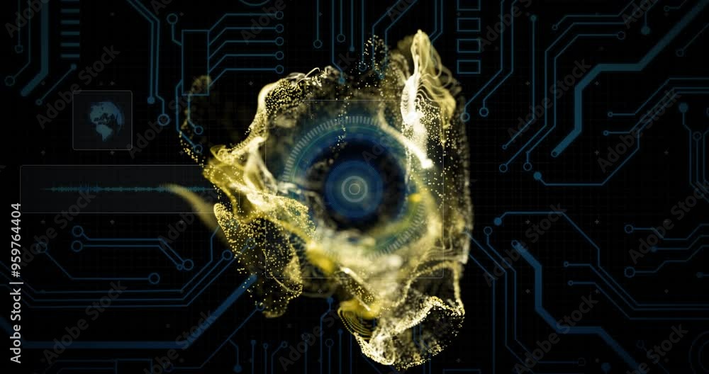 Poster digital circuit board background with swirling golden particles and central blue target animation
