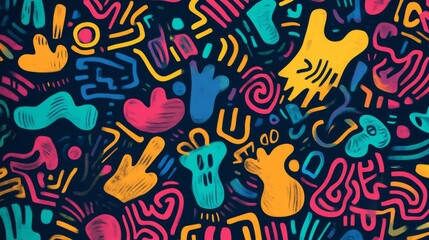 Abstract colorful pattern with various shapes and lines on a dark background.