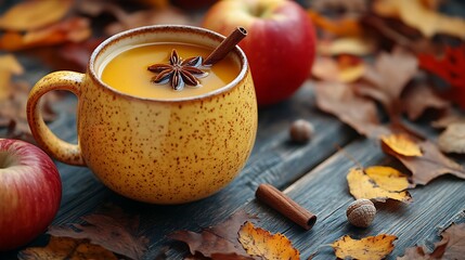 A warm mug of mulled apple cider with a cinnamon stick and star anise, placed on a wooden table surrounded by vibrant autumn leaves and scattered acorns, soft light creating shadows,