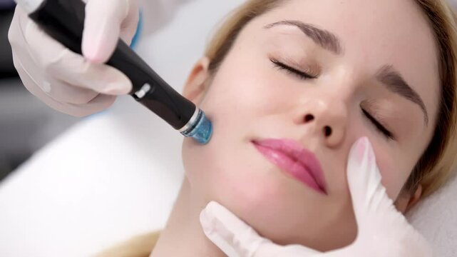 A professional cosmetologist performs hydropeeling and hydrafacial on the client, providing advanced skin care procedures. Ideal for promoting luxury beauty services and enhancing your brand image.