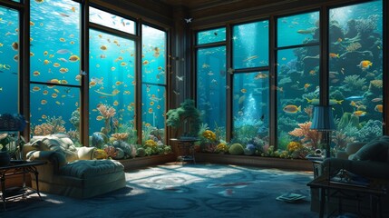 A cozy lounge room with panoramic windows offering an immersive underwater view. The room is furnished with a comfortable armchair, soft lighting, and indoor plants, providing a tranquil and relaxing