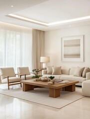A simple minimalist living room with a symmetrical furniture arrangement, capturing a sense of harmony and simplicity.