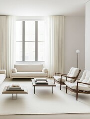 A simple minimalist living room with a symmetrical furniture arrangement, capturing a sense of harmony and simplicity.
