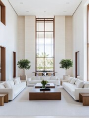 A simple minimalist living room with a symmetrical furniture arrangement, capturing a sense of harmony and simplicity.