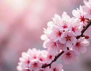 Obraz premium Sakura is blooming. Delicate pink cherry blossoms bloom beautifully on a tree branch during the spring season, filling the scene with vibrant colors and a sense of renewal in nature. Generative AI