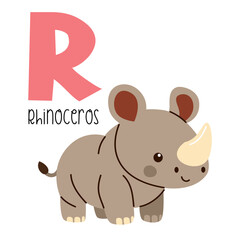 Cute flat vector illustration. Cute rhinoceros and letter R. Animals and letters of alphabet . Vector illustration
