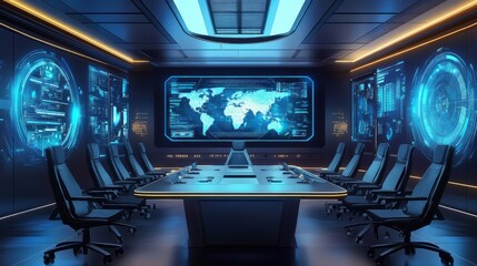 Naklejka premium Futuristic Conference Room Concept with Large Digital Screen - Flat Design Illustration