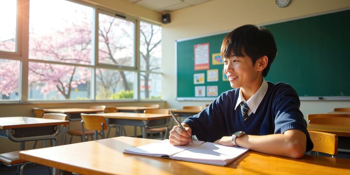 Smiling Asian School Boy Studying at Her Desk in Sunlit Classroom