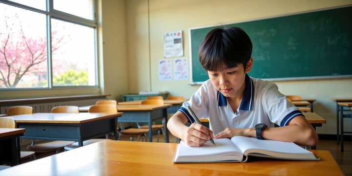 Focused Asian School Boy Writing Notes in Bright, Sunlit Classroom