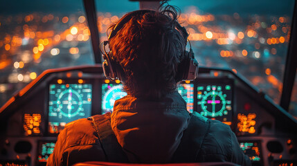 Obraz premium Air traffic controller stress, capturing the tension and focus of a controller managing multiple flights, with a clear view of the radar