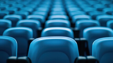 Obraz premium A captivating view of blue chairs lined up in empty rows, creating a serene and organized seating arrangement.