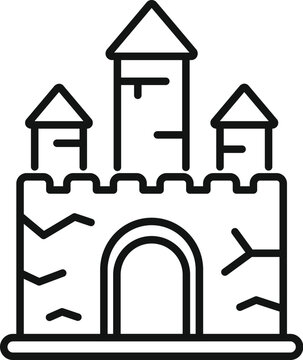 recommend clip art: Line drawing of a sandcastle with towers, a gate and cracks, illustrating the concept of summer fun on the beach