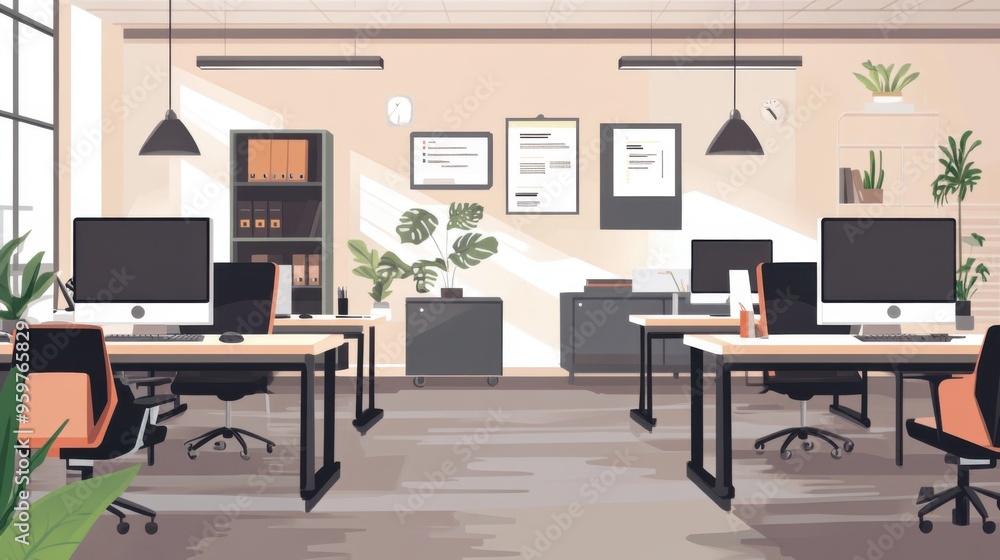 Aufkleber modern open office space with desks and computers - flat design illustration of a calm workspace
