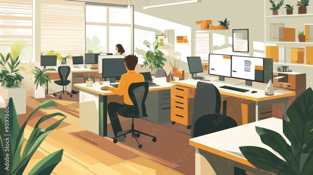 Aufkleber modern open office space with desks and computers - calm flat design illustration