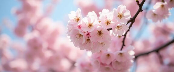 Obraz premium Sakura is blooming. Delicate pink cherry blossoms bloom beautifully on a tree branch during the spring season, filling the scene with vibrant colors and a sense of renewal in nature. Generative AI