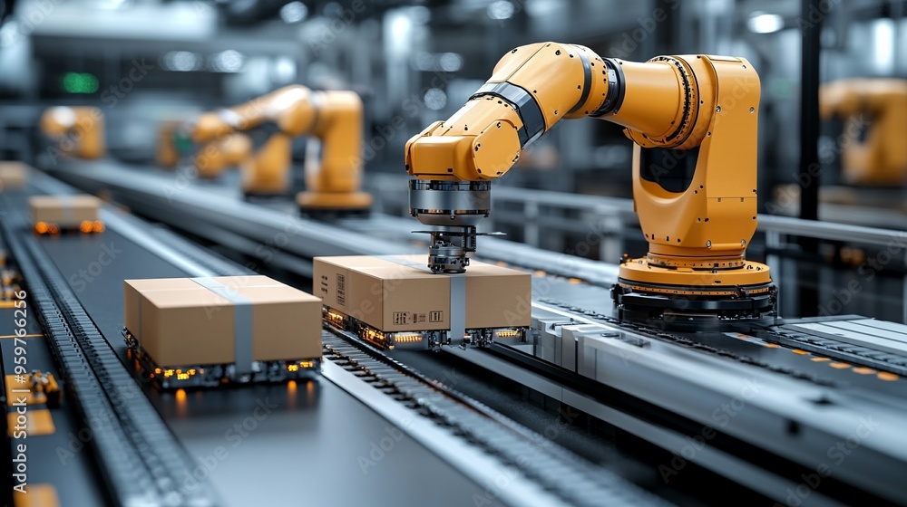 Aufkleber automated assembly line: a close-up view of a robotic arm, sleek and powerful, efficiently handling 