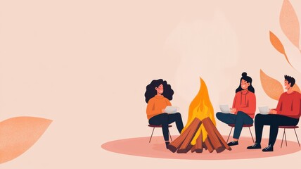 Fototapeta premium A cozy campfire gathering with friends enjoying warm drinks and autumn vibes, perfect for capturing moments of togetherness.