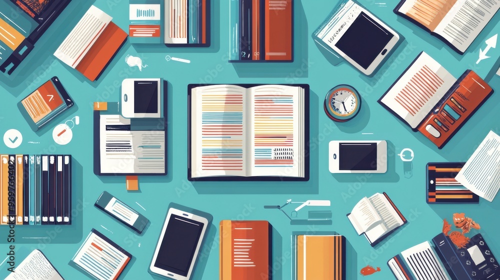Aufkleber modern fusion of knowledge and technology in library setting - flat design illustration