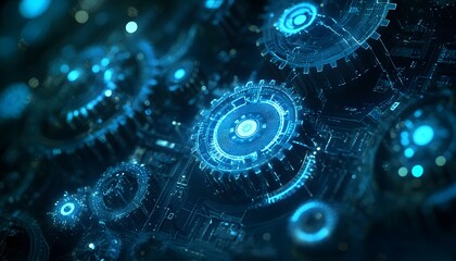 Glowing Blue Cogs and Circuitry in a Dark Digital Space