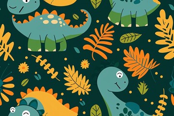 A seamless cartoon pattern with colorful prehistoric dinosaur figures.