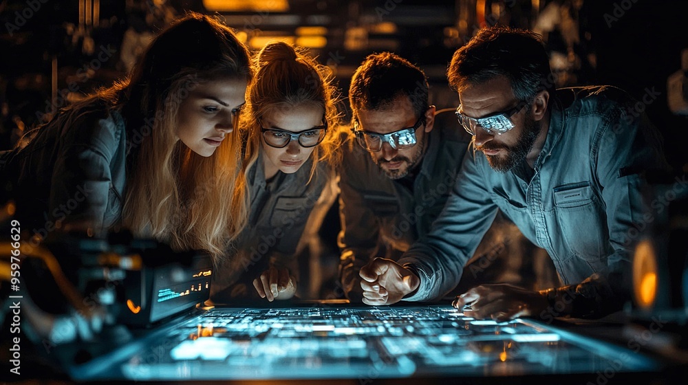 Poster engineering innovation: a team of focused engineers analyze schematics on a luminous table in a diml