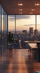 Plakat Modern Office Interior 3D Illustration: Cityscape View at Sunset