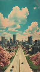 a retro ad featuring a city sky line during spring time, a costillation in the day sky creates a road map