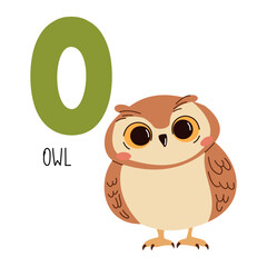Cute flat vector illustration. Cute owl and letter O. Animals and letters of alphabet . Vector illustration