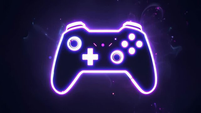 glowing neon game controller icon in purple, set against a dark background, symbolizing gaming and digital entertainment