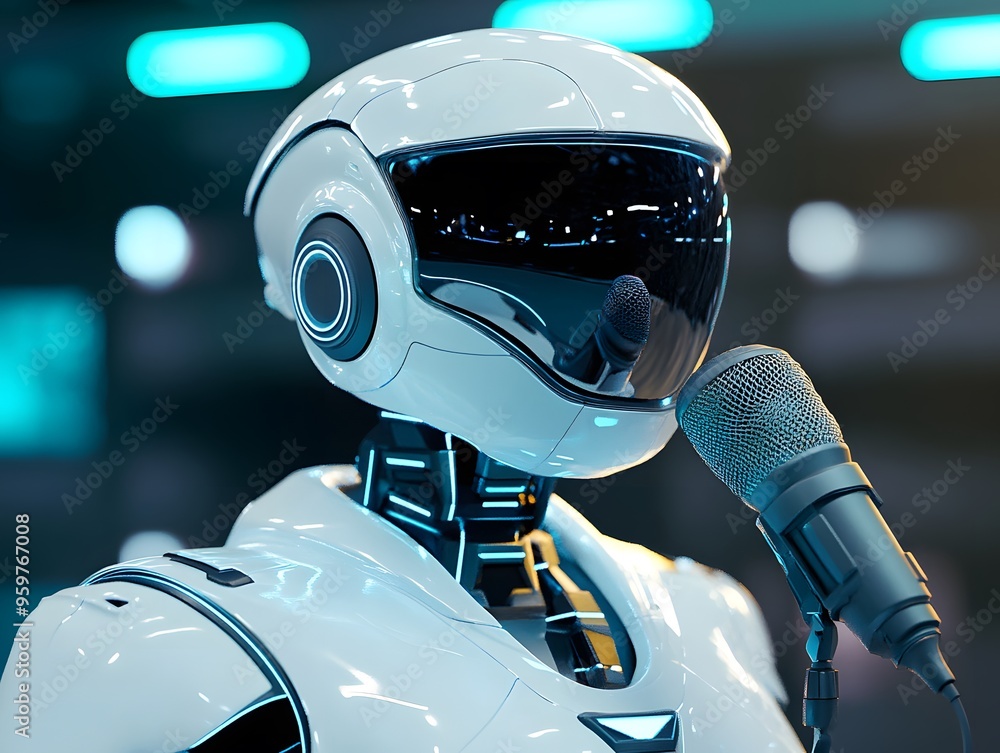 Poster futuristic robot with microphone, symbolizing ai and technology integration in modern communication.