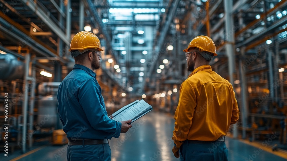 Poster industrial collaboration: engineers in hard hats discuss plans amidst the complex network of pipes a