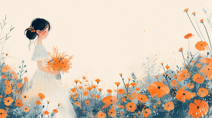 A gentle and romantic portrayal of a bride amidst a field of blooming flowers. The illustration's warm colors and intricate details evoke a sense of love and celebration,