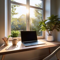 Modern Home Office Setup
Minimalist home office desk with a sleek laptop, plant, coffee cup, and natural sunlight streaming through a window.