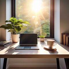 Modern Home Office Setup
Minimalist home office desk with a sleek laptop, plant, coffee cup, and natural sunlight streaming through a window.