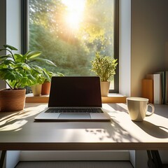Modern Home Office Setup
Minimalist home office desk with a sleek laptop, plant, coffee cup, and natural sunlight streaming through a window.
