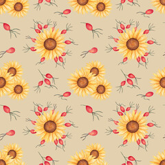 Seamless pattern of sunflower with rose hips. Watercolor illustration. Autumn botanical background with flowers and berries. Hand drawn isolated art. Thanksgiving wallpaper for seasonal projects