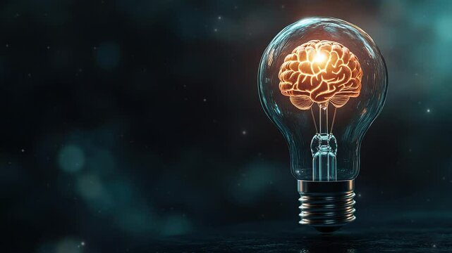 A light bulb with a glowing brain inside. Symbolizing creative thinking and innovation in a business. Innovation technology digital. Icon for smart technology innovation. Modern Tech. Copy space area
