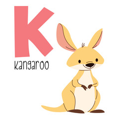 Cute flat vector illustration. Cute kangaroo and letter K. Animals and letters of alphabet . Vector illustration