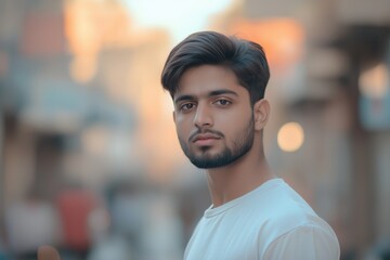 Fototapeta premium A close-up portrait of a young Indian or Pakistani man wearing a casual t-shirt, with a blurred background.