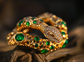 Fototapeta premium A precious piece of jewelry is a golden snake with green emerald stones and shiny diamonds