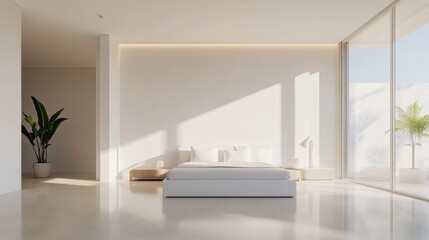 A simple minimalist room design featuring a neutral color scheme, emphasizing clean lines and subtle contrasts for a serene and modern aesthetic.
